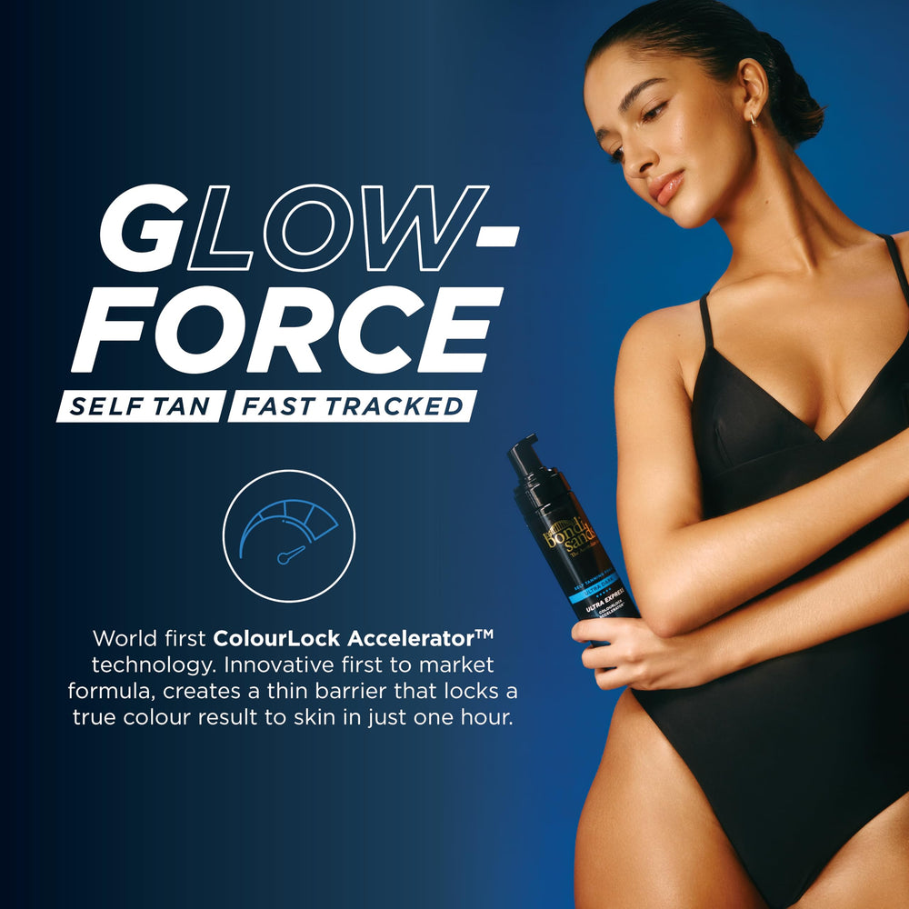 Bondi Sands Ultra Express Foam fragrance-free label visible on bottle.