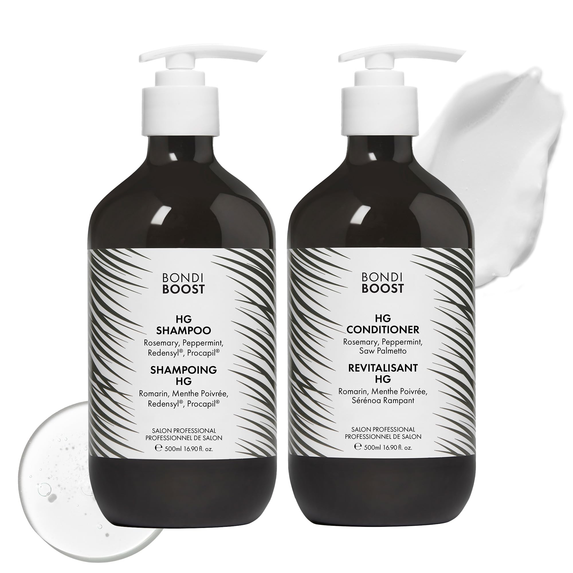 BondiBoost HG shampoo bottle close-up for fuller-looking hair on daily use.