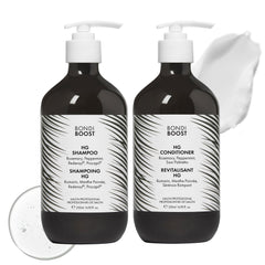 BondiBoost HG shampoo bottle close-up for fuller-looking hair on daily use.