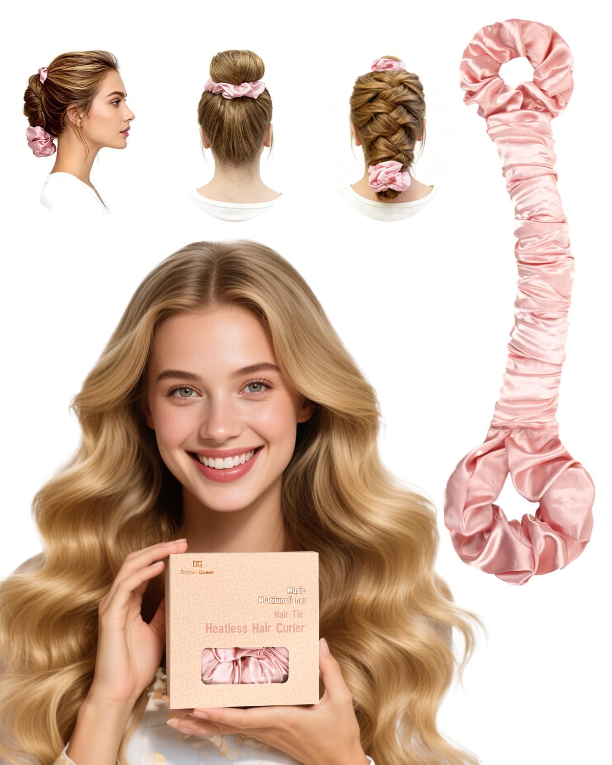 BONNET QUEEN large cream pink heatless curler front view for sleep-friendly curls.