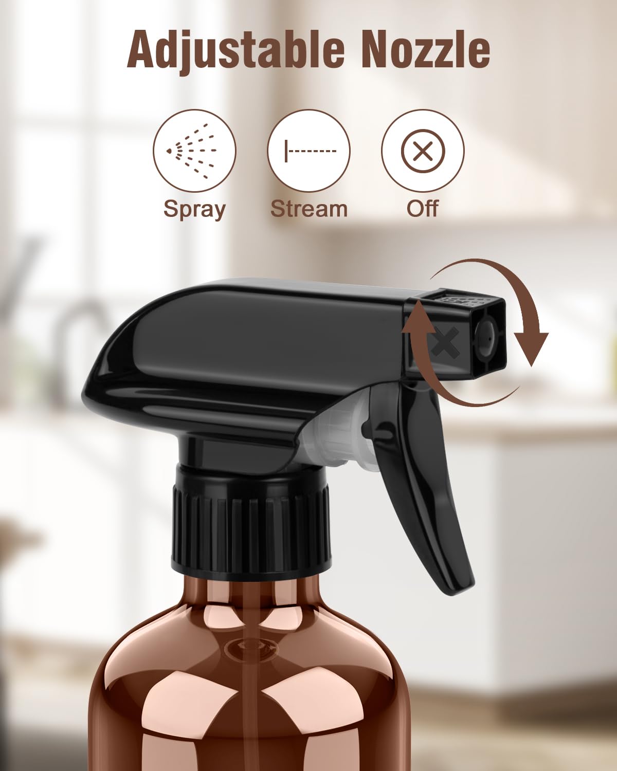 Bontip amber glass spray bottle 8oz side view shows ergonomic grip and refilling.