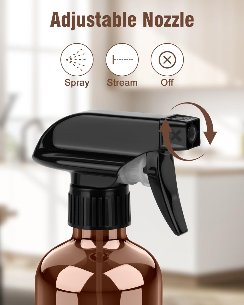 Bontip amber glass spray bottle 8oz side view shows ergonomic grip and refilling.
