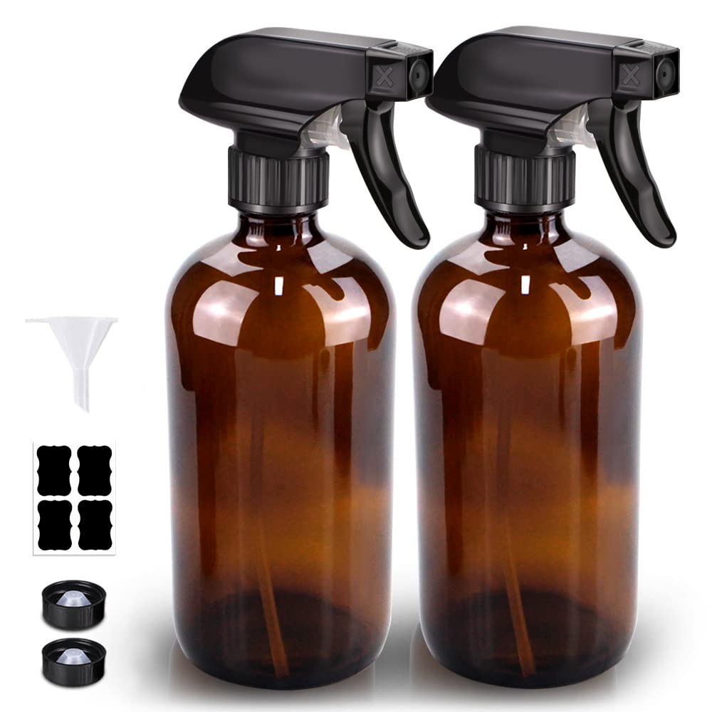 Bontip amber glass spray bottle nozzle close up with black trigger.