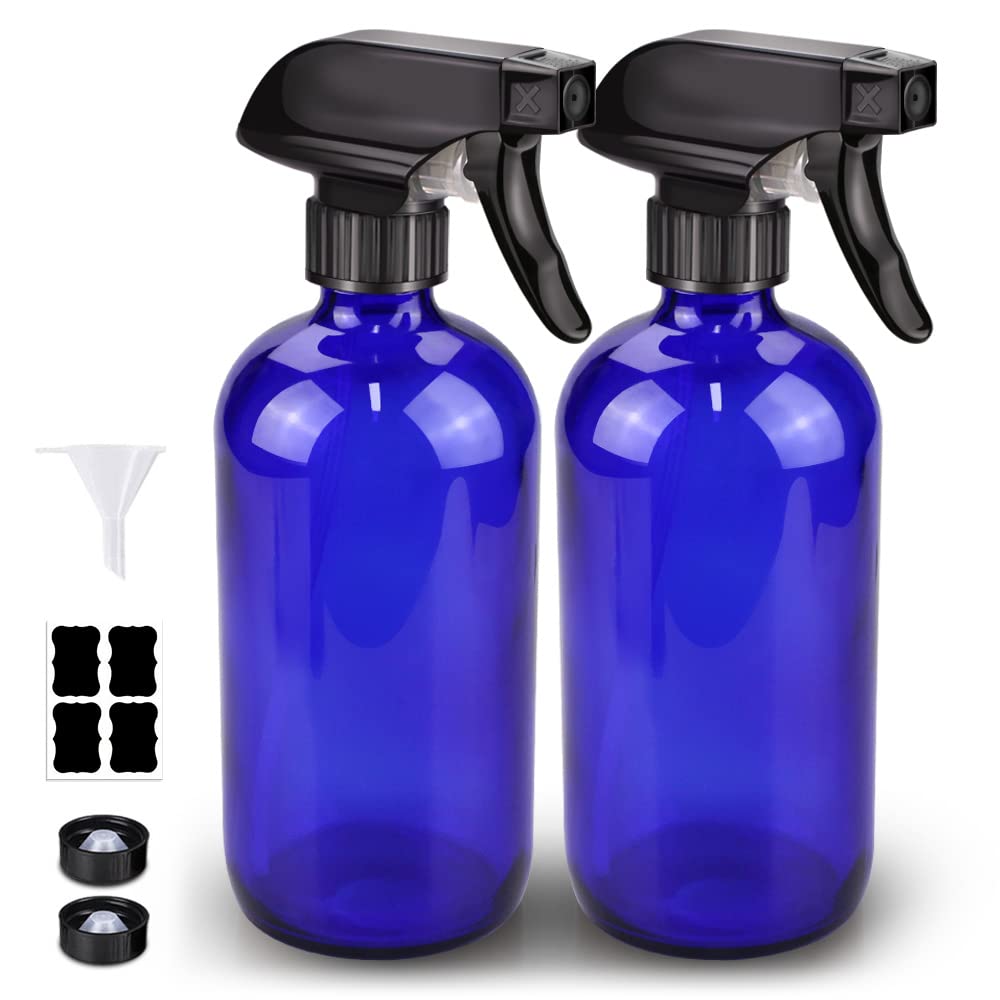 Bontip glass spray bottle 16oz blue, front view for plants and cleaning.