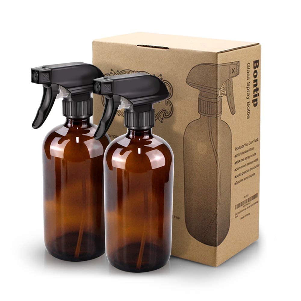 Bontip amber spray bottle used for aromatherapy and plant care.