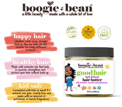 Aplicación suave de Boogie y Bean para cabello de niños, mantiene hidratado.