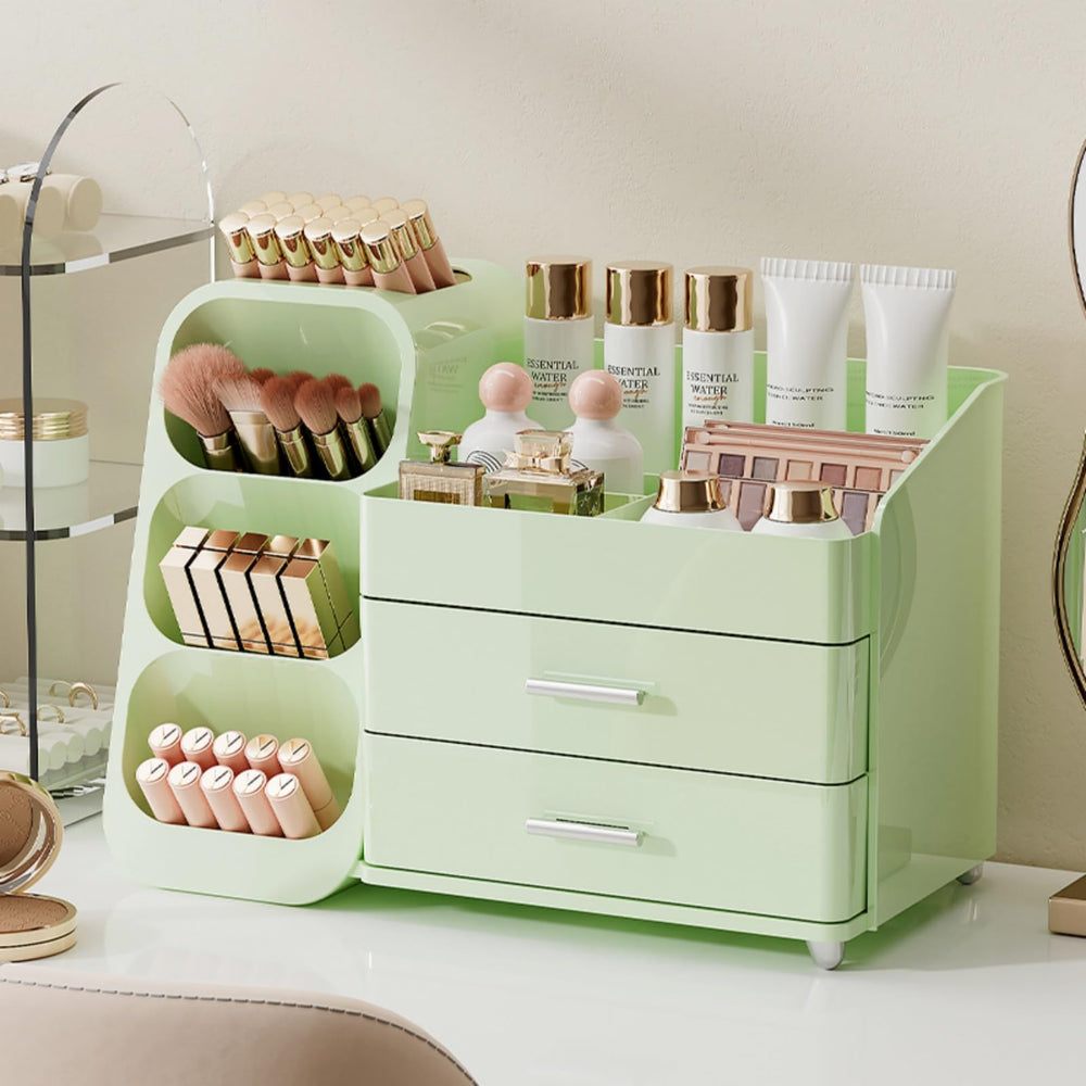 Booklov makeup organizer with drawers for a sleek vanity display, organized cosmetics ready to use.
