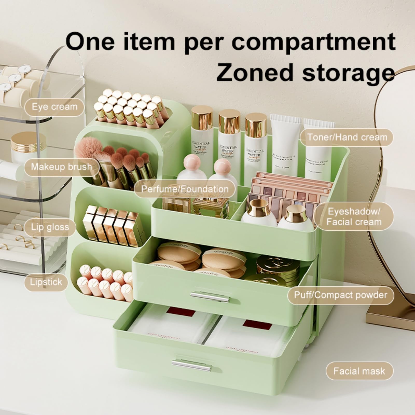 Booklov practical drawers enable efficient organization of cosmetics.