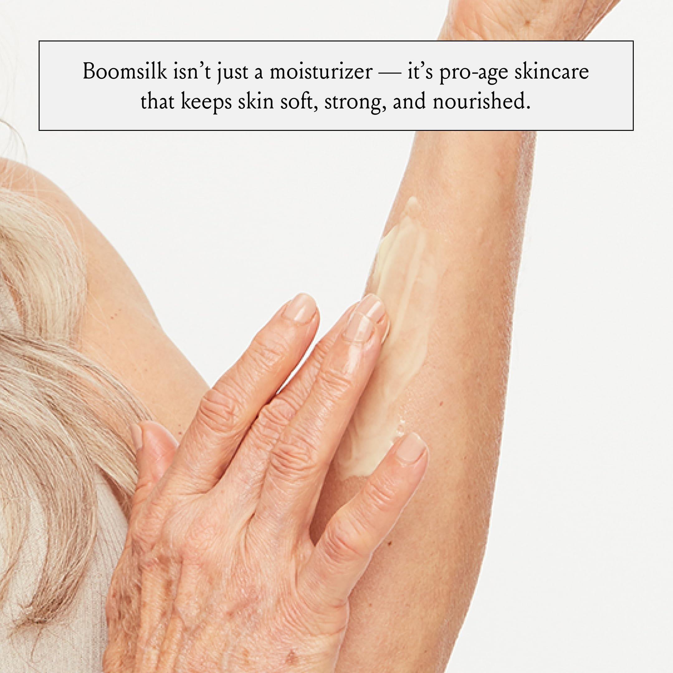 Boomsilk mature-skin application demonstrates breathable, comfortable moisturizing feel.