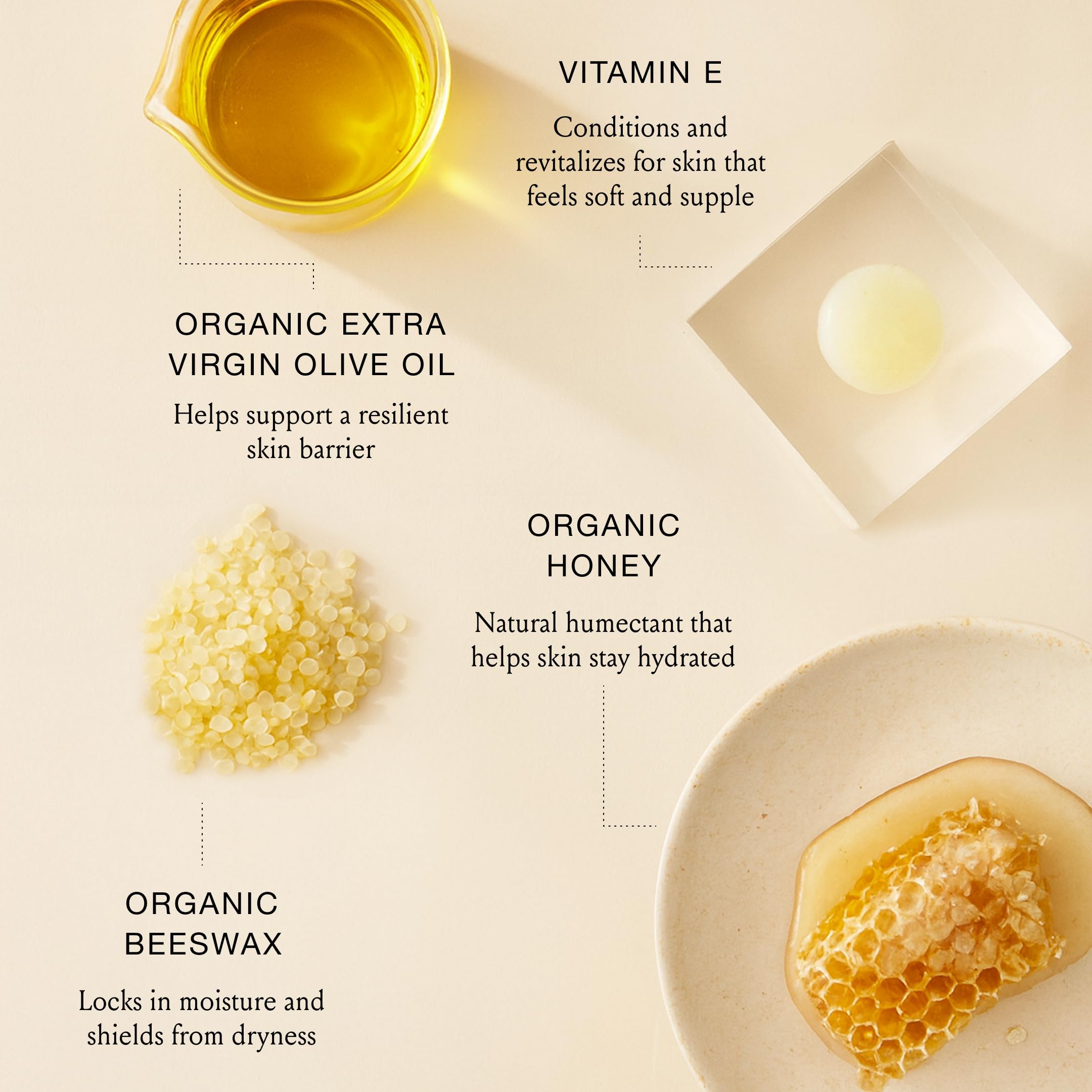 Boomsilk olive oil, beeswax, honey ingredients laid out for nourishing skin.