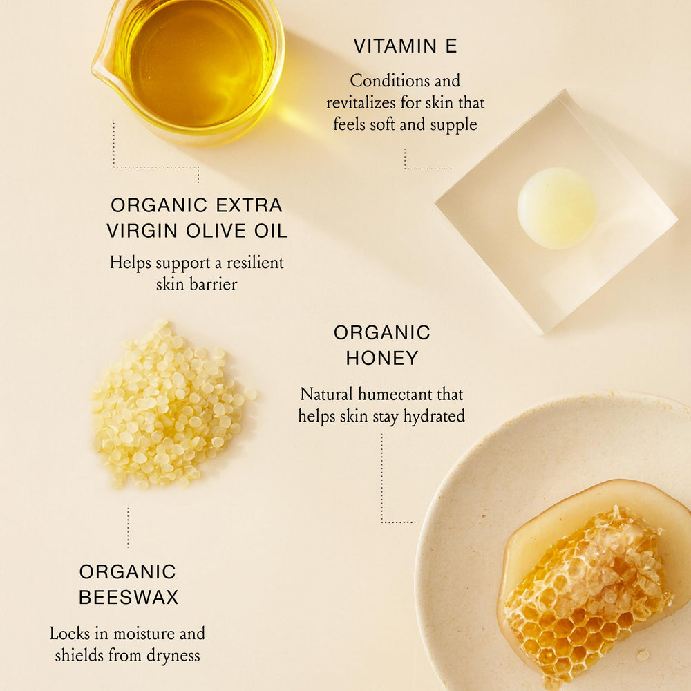 Boomsilk olive oil, beeswax, honey ingredients laid out for nourishing skin.