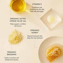 Boomsilk olive oil, beeswax, honey ingredients laid out for nourishing skin.