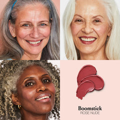 Boomstick Rose Nude on lips provides subtle tint and hydration.