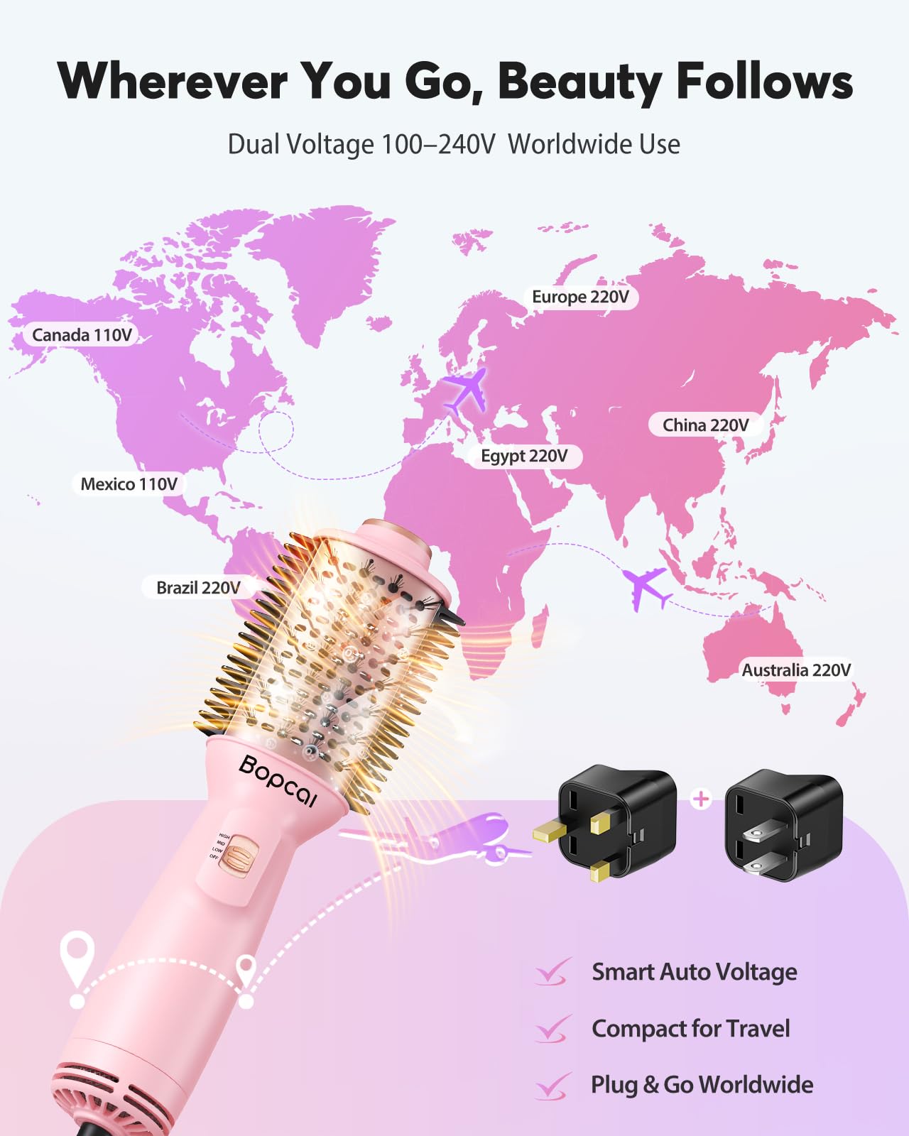 Bopcal blow dryer brush demonstrates 4-in-1 styling for drying and shaping.