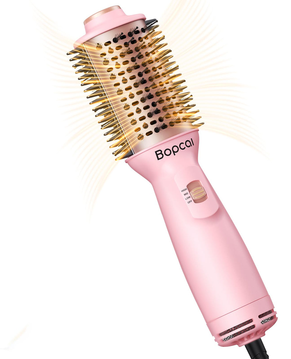 Bopcal blow dryer brush front view highlights travel-ready compact design.