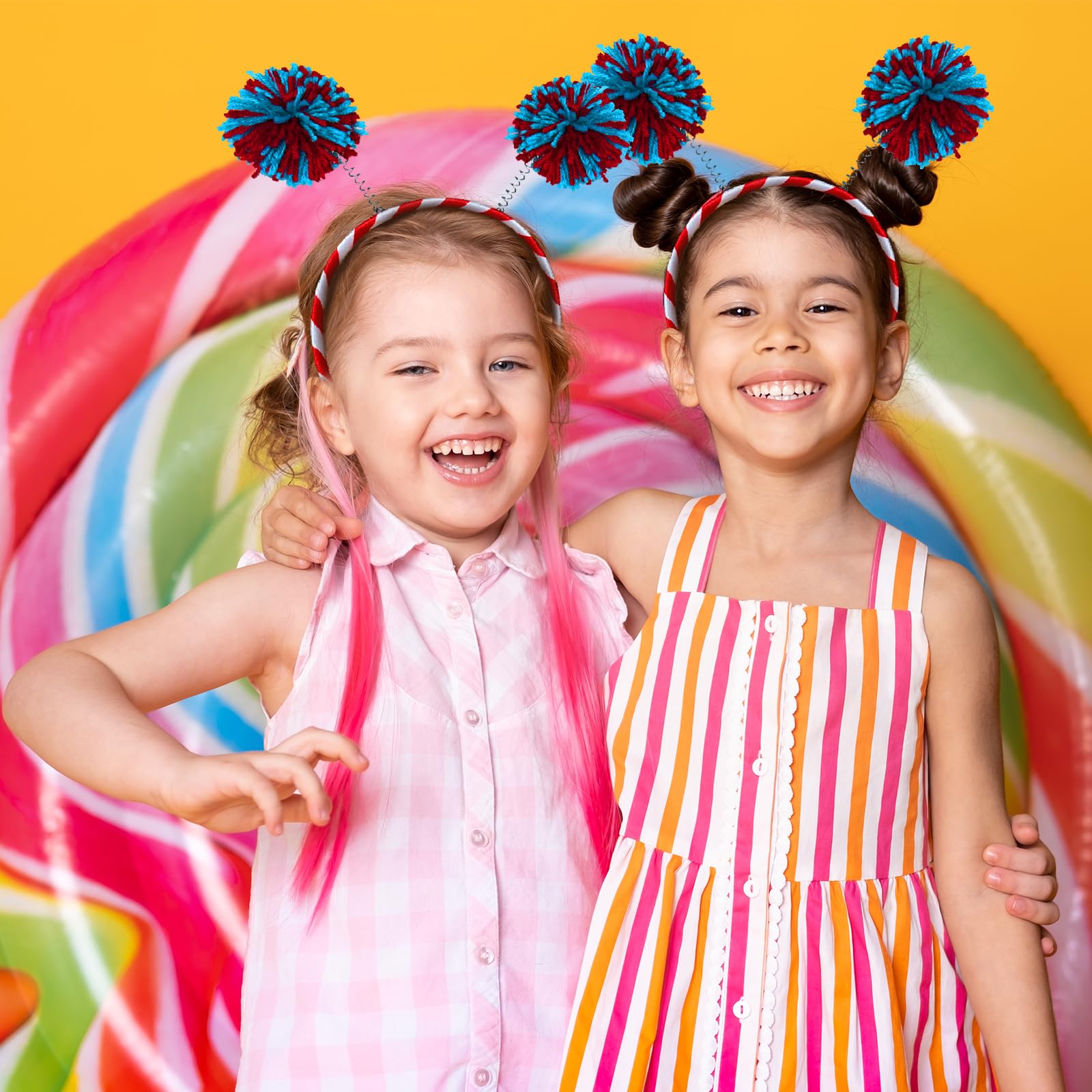 Closeup of Borbilyn fluffy ball hairband shows soft texture and vibrant styling potential.