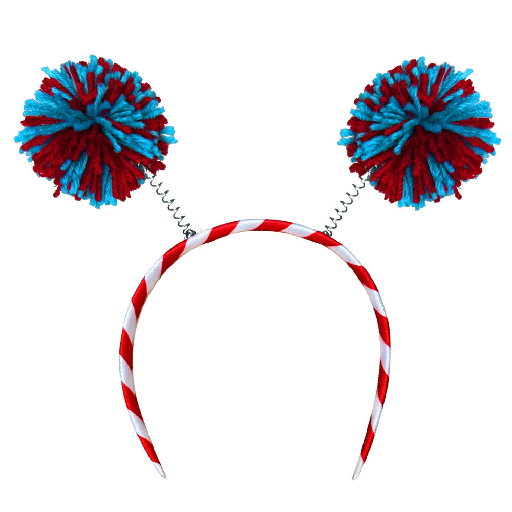 Borbilyn pom pom headband with blue yarn adds playful color to any outfit.
