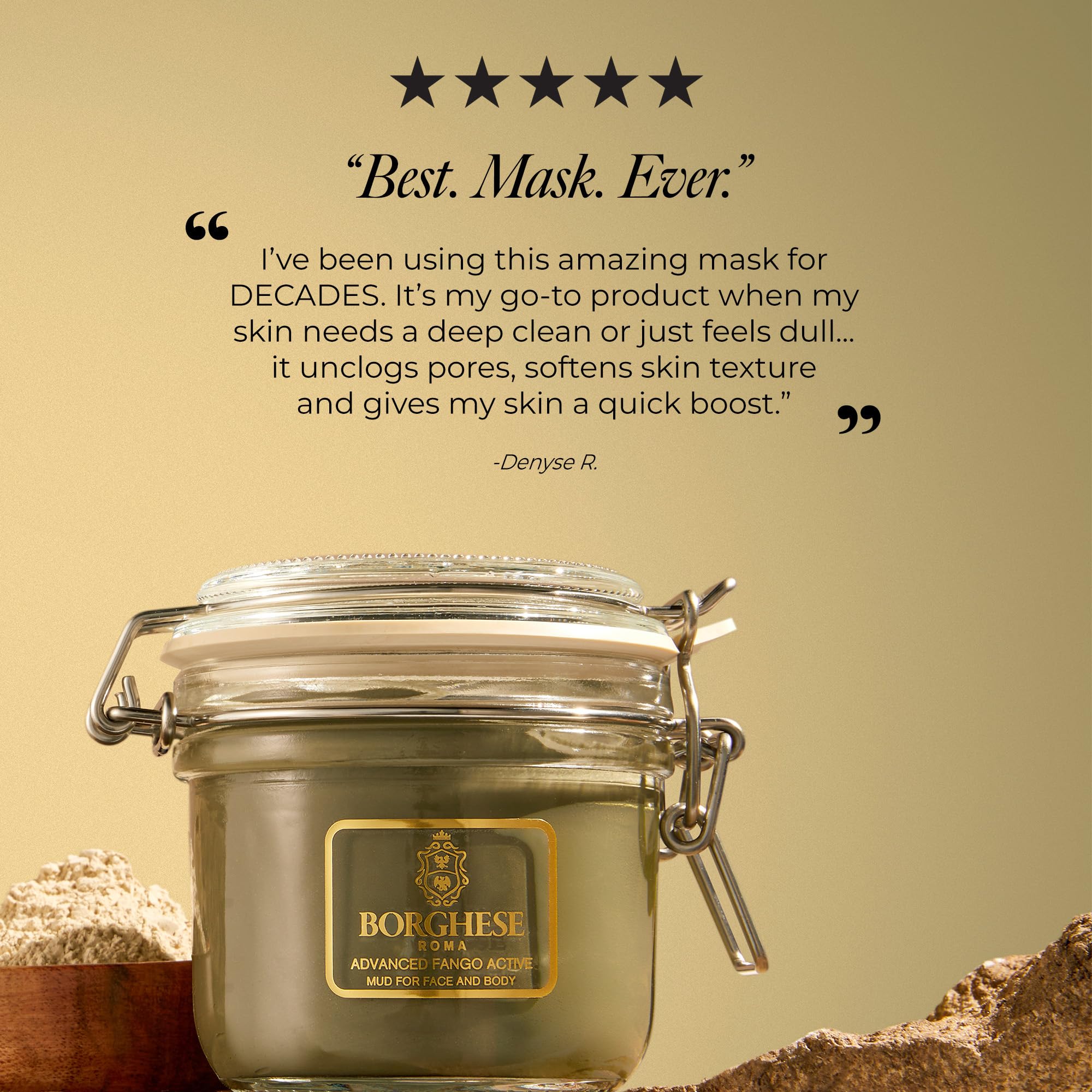 Borghese Fango Active Mud Mask highlighting hyaluronic acid for hydration