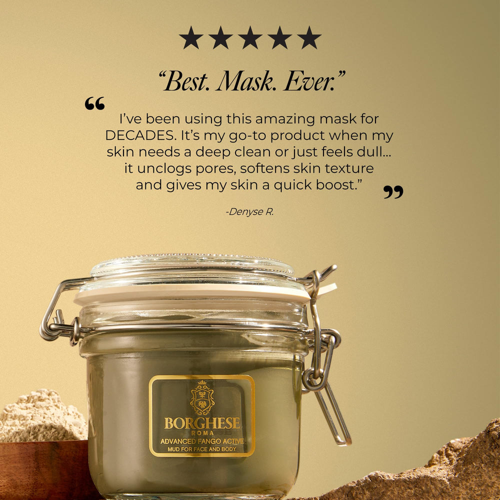 Borghese Fango Active Mud Mask highlighting hyaluronic acid for hydration