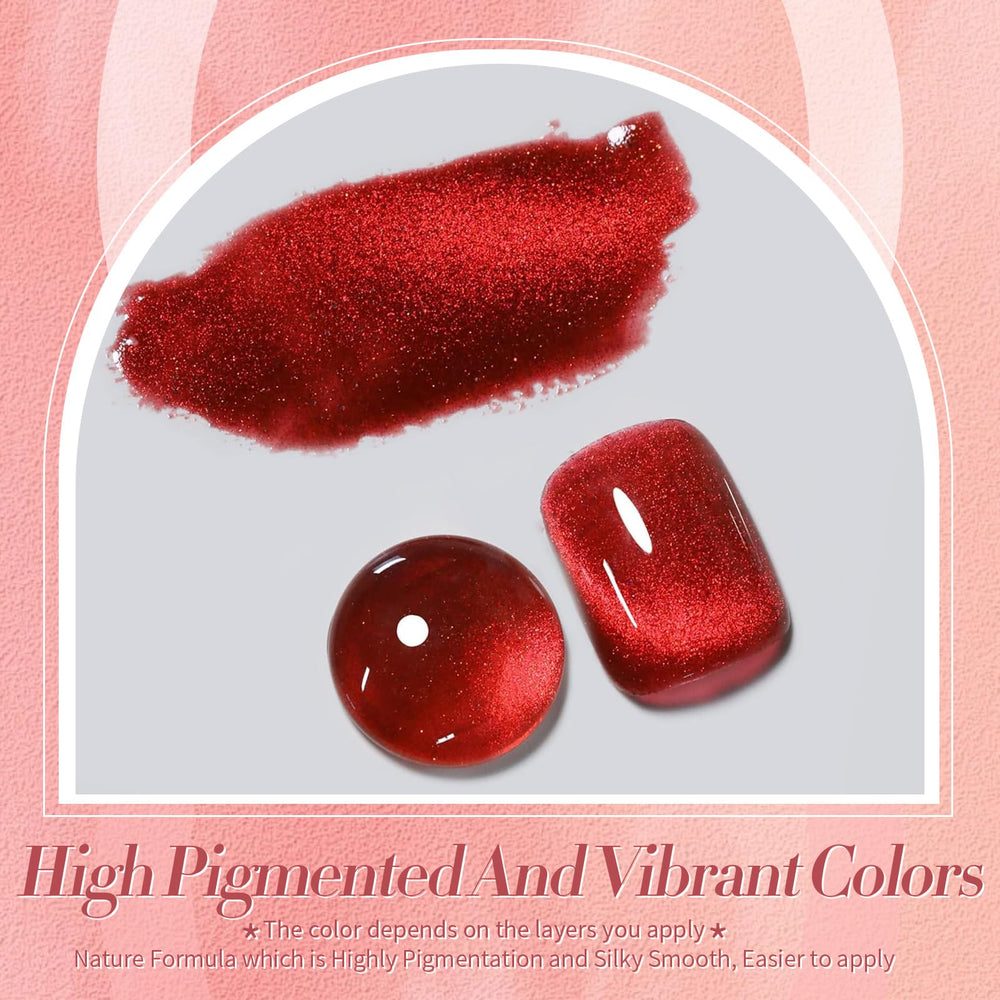 Born Pretty cat eye effect polish in red delivers a captivating light shimmer.