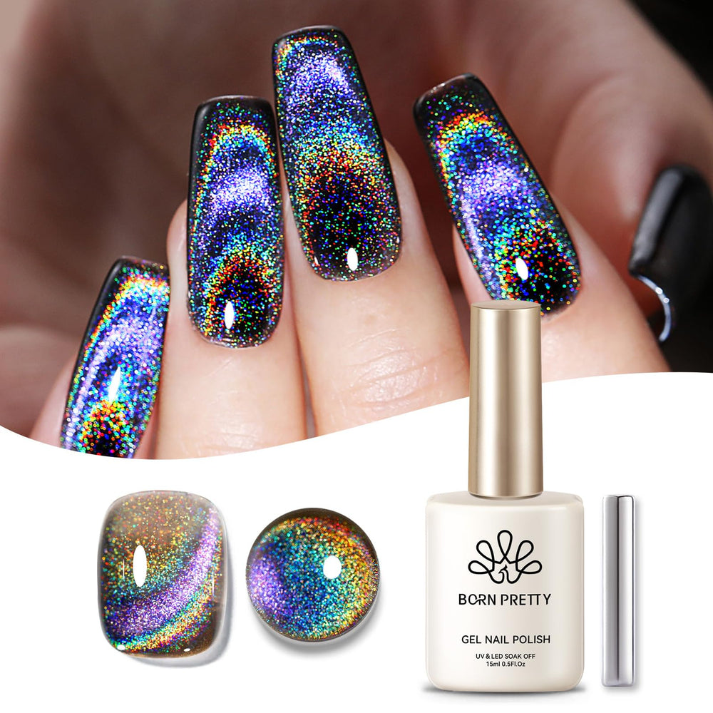 Born Pretty Cat Magnetic Eye Gel Polish shows cat-eye effect with magnetic wand for a chic look