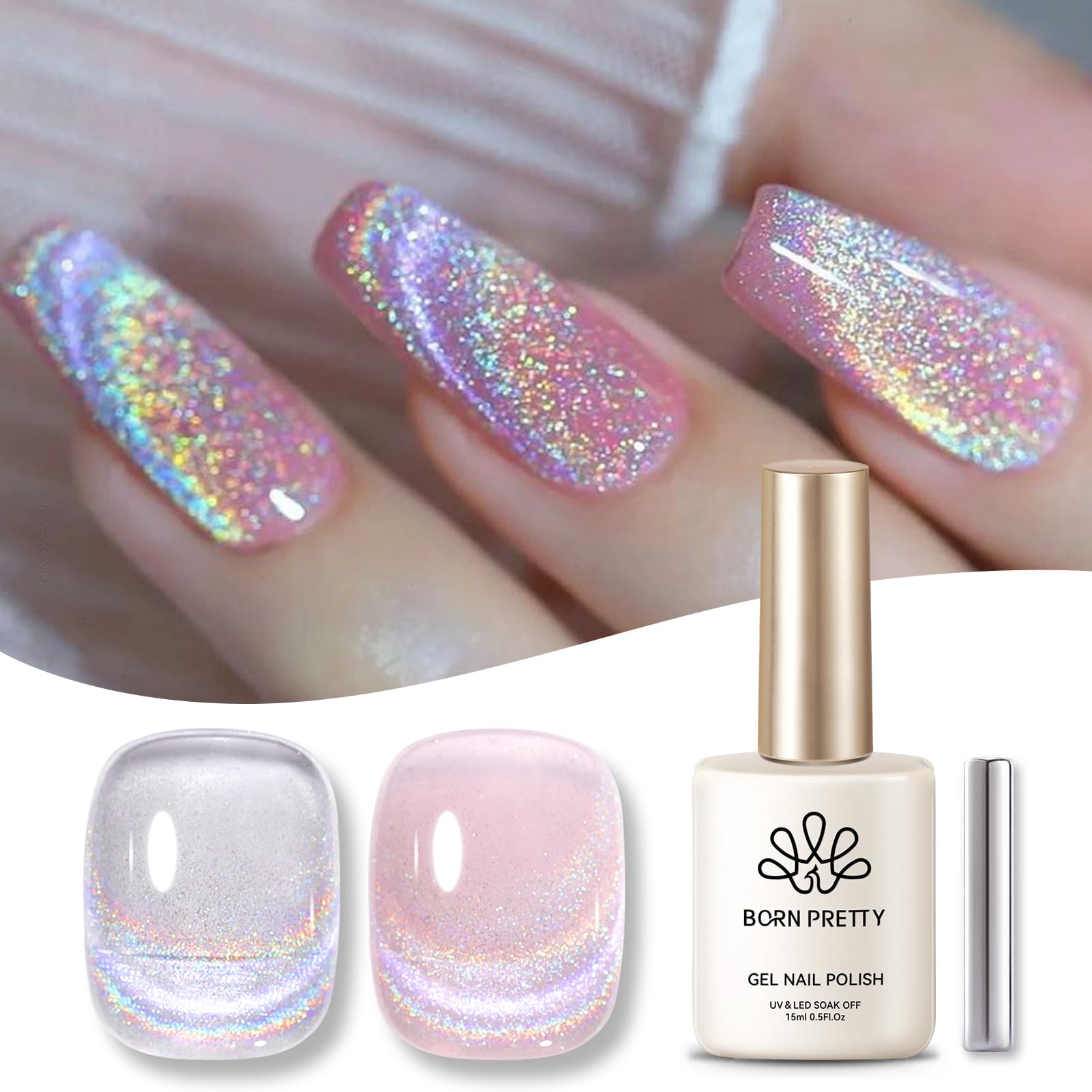 Born Pretty Cat Gel Magnético muestra efecto holográfico brillante para uñas.