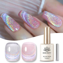 Born Pretty Cat Gel Magnético muestra efecto holográfico brillante para uñas.