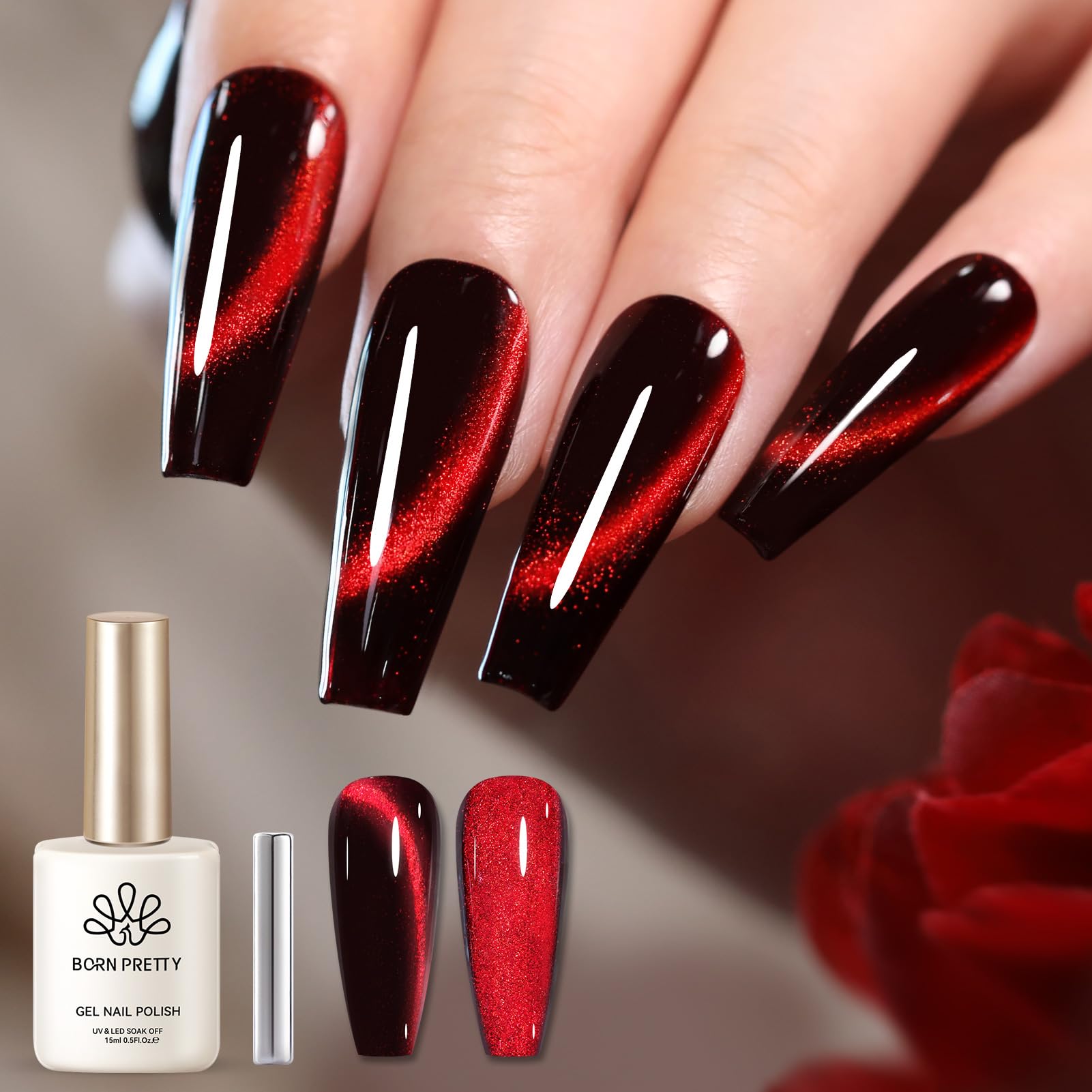 Born Pretty Cat Magnetic Eye Gel Nail Polish brillo rojo holográfico para uñas, ideal para look festivo