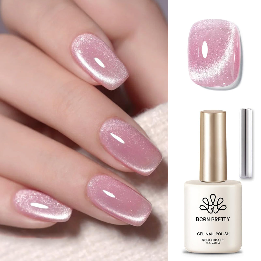 Born Pretty Cat Magnetic Gel Nail Polish Jelly Pink Glitter adds vibrant holo shine.