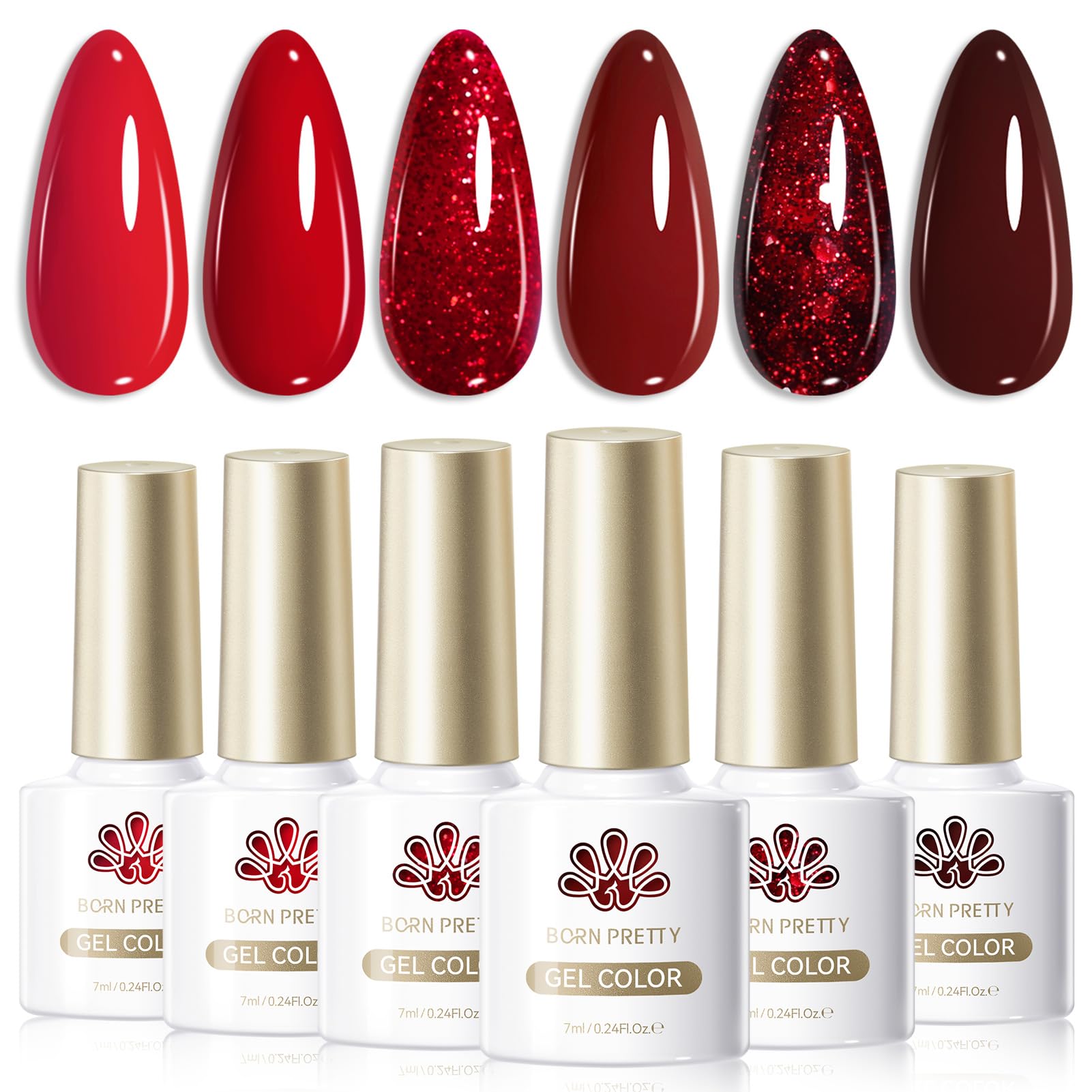 Born Pretty set de esmalte gel rojo, seis colores para manicuras modernas.