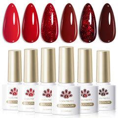 Born Pretty set de esmalte gel rojo, seis colores para manicuras modernas.