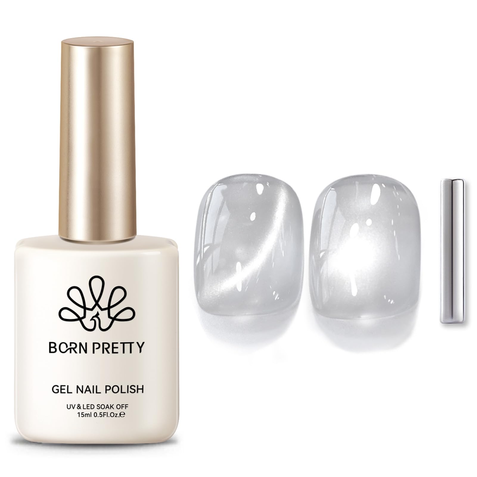 Born Pretty flowing light white bottle shows luminous magnetic shimmer for nails.