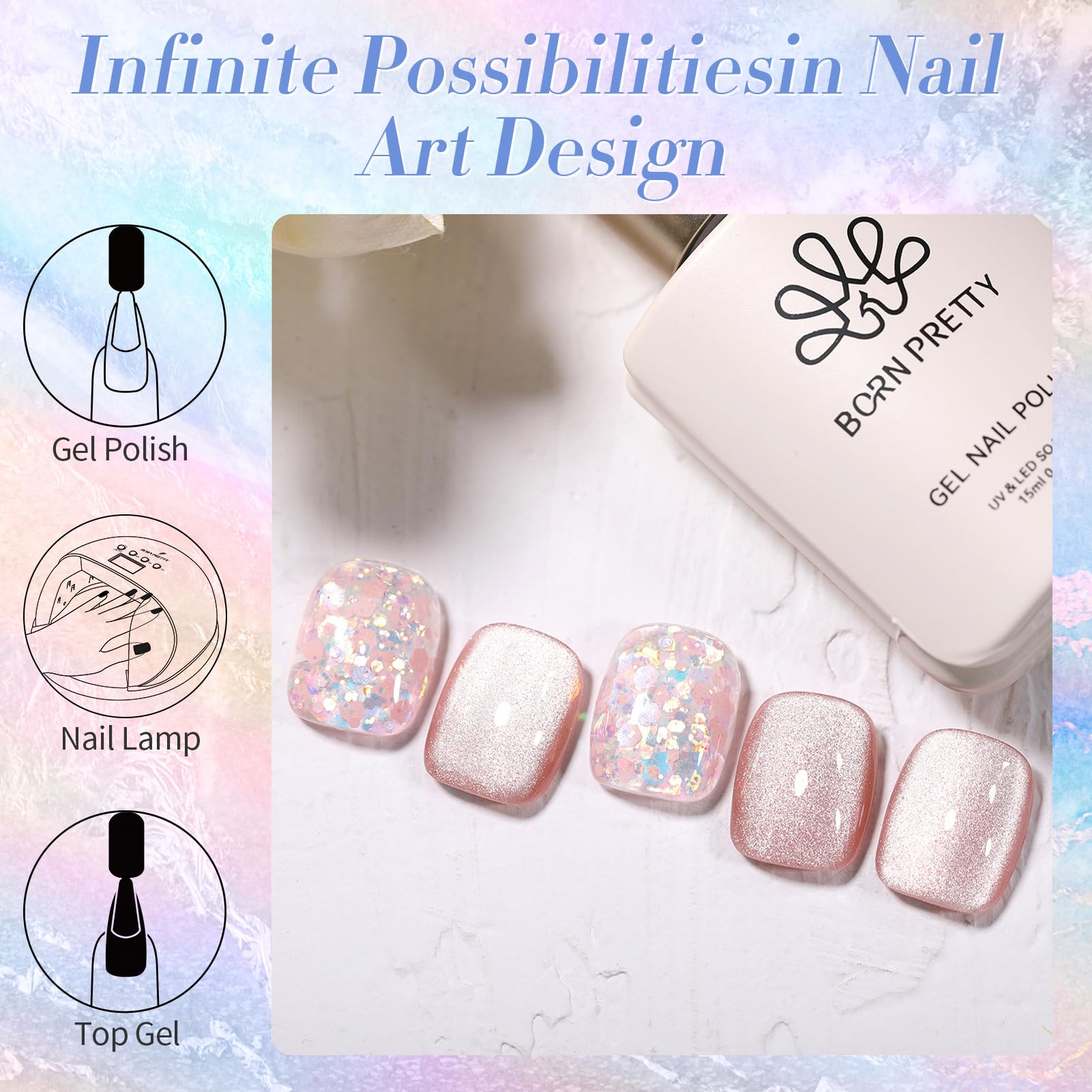 Born Pretty glitter gel polish bottle close-up in pink for rich pigment