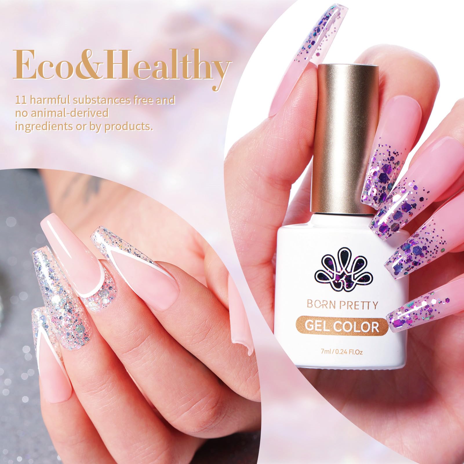 Born Pretty glitter sequins gel nail polish bottle with shimmer on nail swatch.