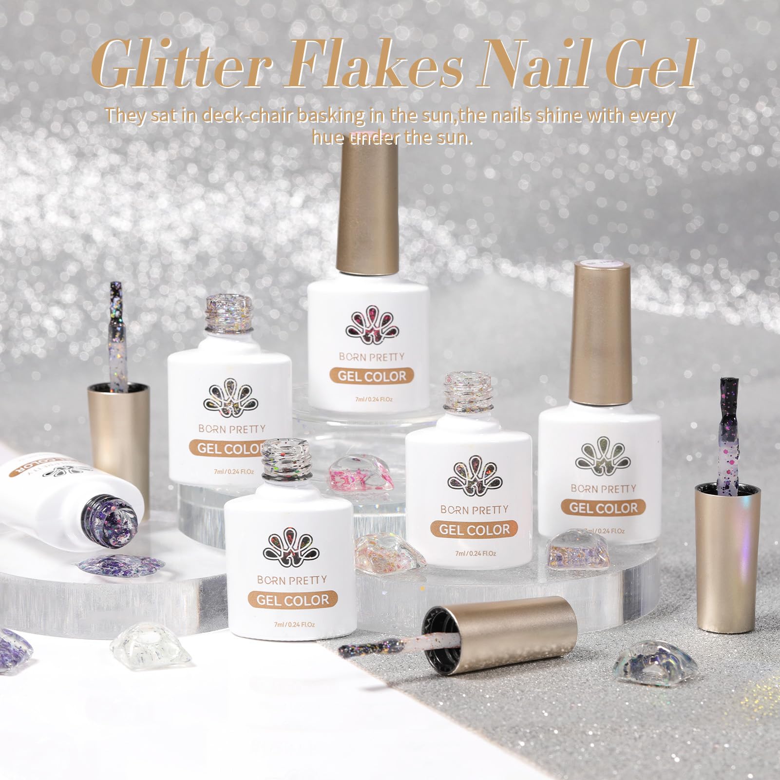 Born Pretty glitter sequins gel nail polish set on display with glossy finish.