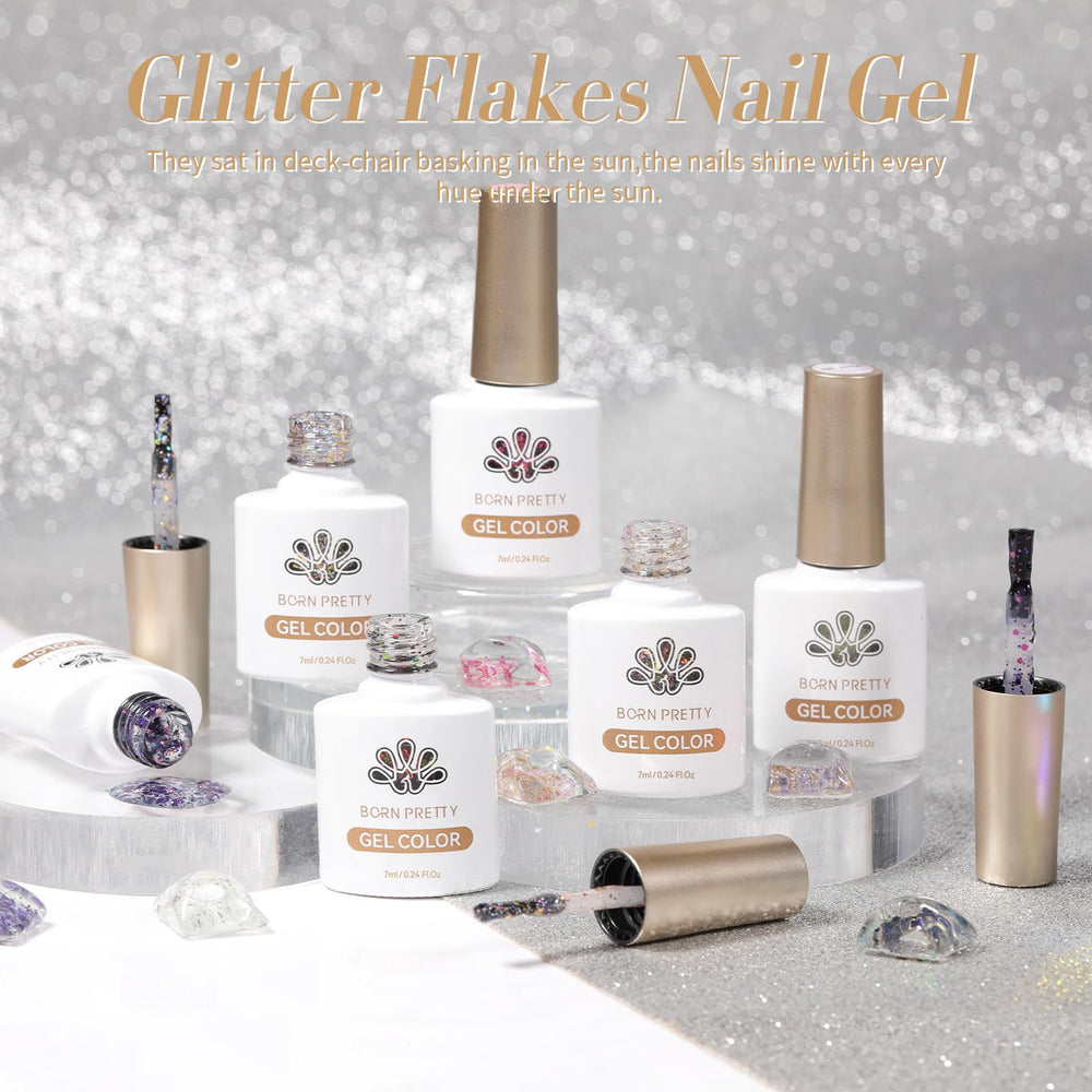 Born Pretty glitter sequins gel nail polish set on display with glossy finish.