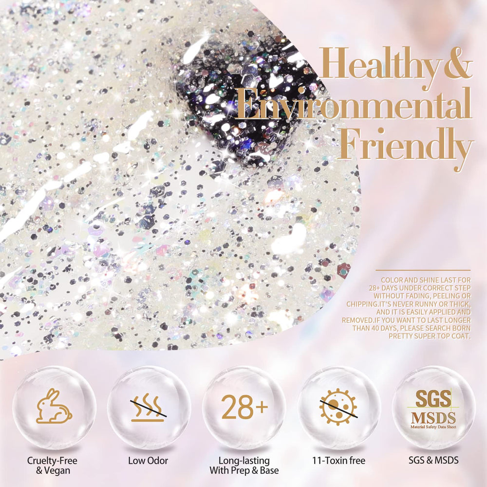 Born Pretty glitter sequins gel nail polish lids open showing pigment-rich glitter.