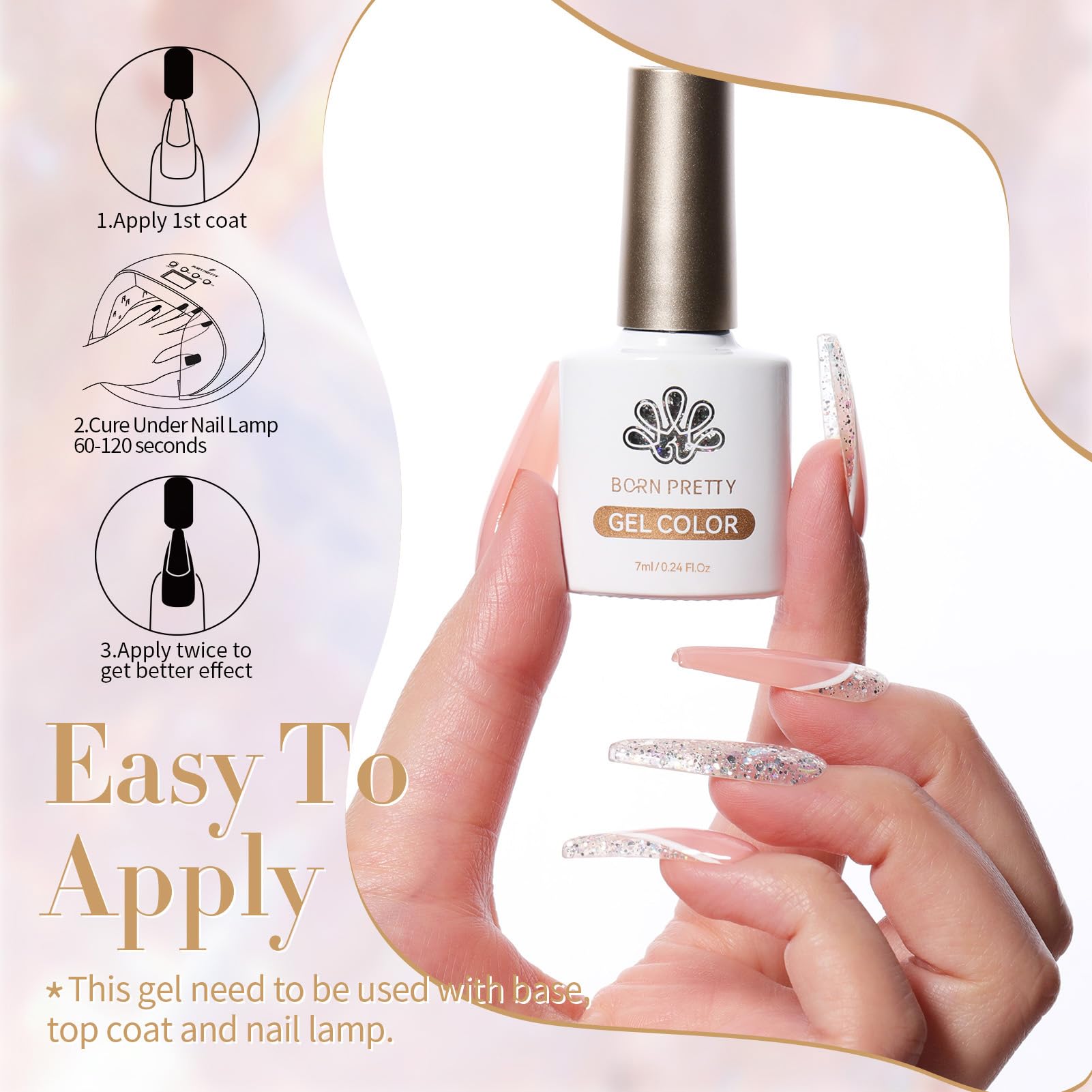 Born Pretty glitter sequins gel nail polish bottle and brush ready for application.