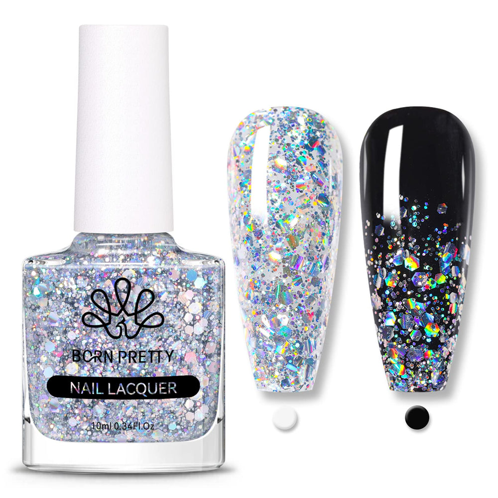 Born Pretty holographic nail polish bottle sparkling with silver glitter in light.