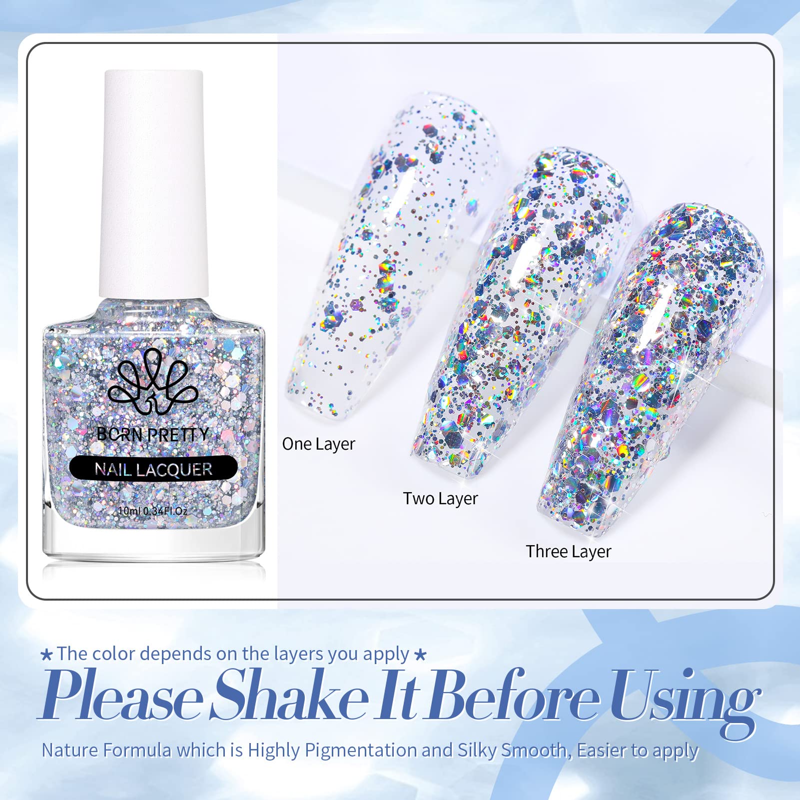 Born Pretty holographic nail polish brush delivering smooth glitter application.