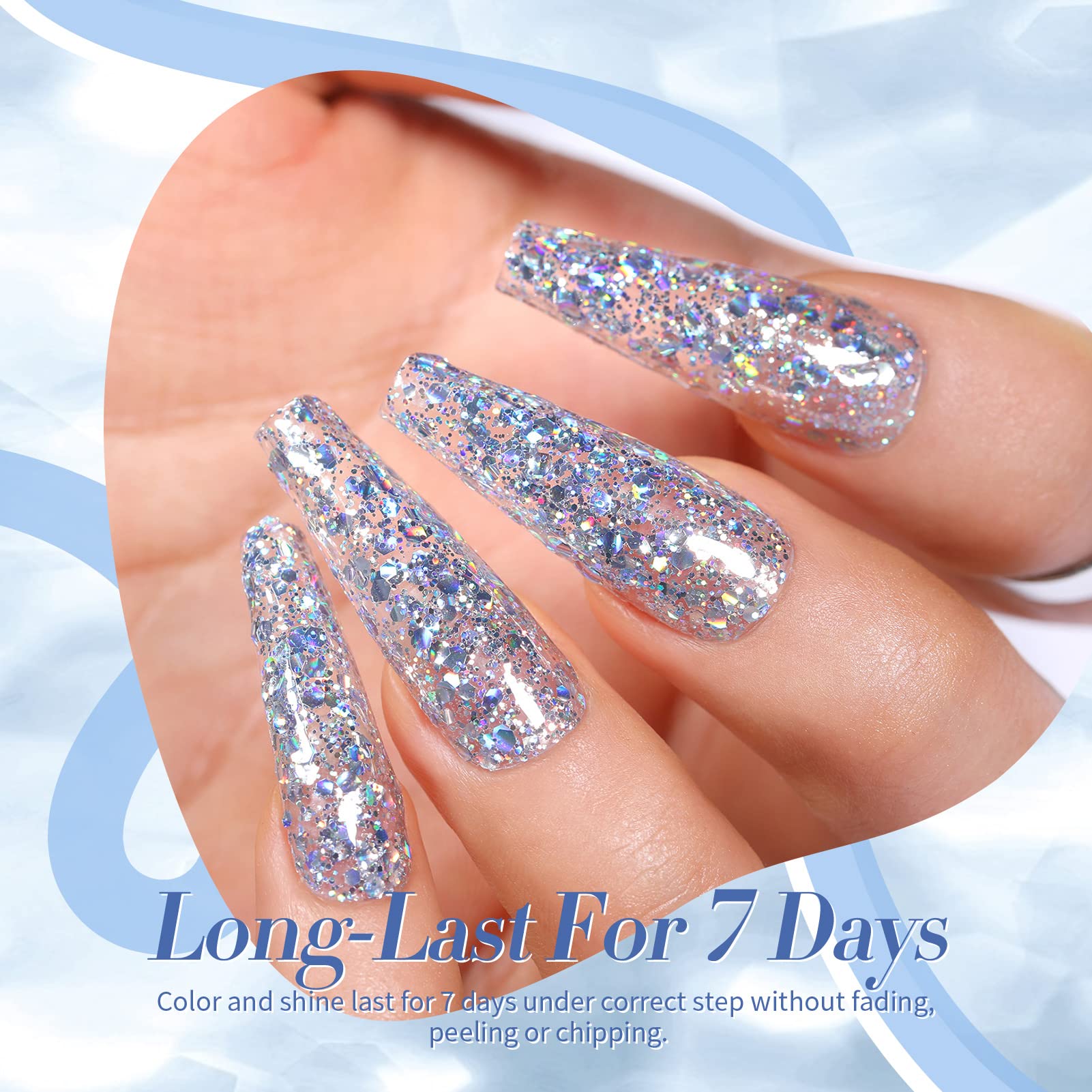 Born Pretty holographic silver glitter on nails creates multidimensional shine.