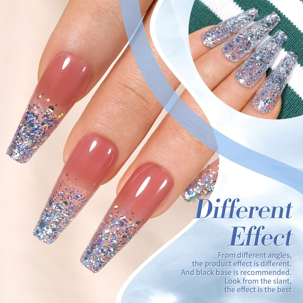 Born Pretty holographic silver nails under light reveal shifting hues.