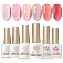 Born Pretty jelly nude pink gel nail polish kit with bottles and swatches for buildable color.