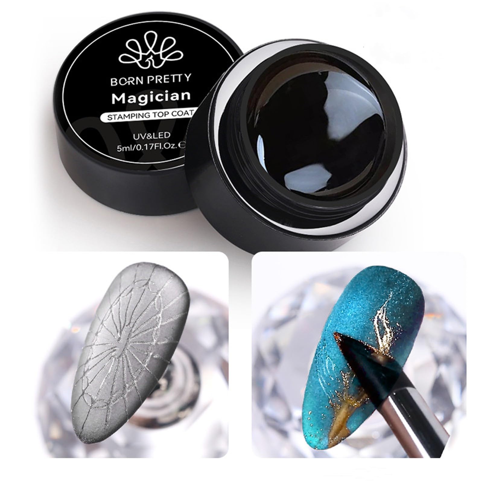 Born Pretty Magician Top Gel ofrece brillo duradero para diseños de estampado en uñas.