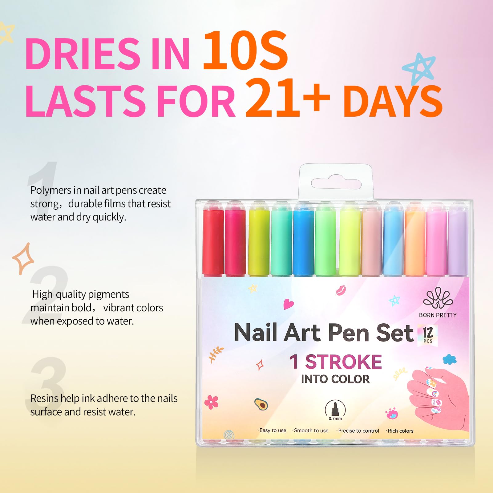 Born Pretty quick-dry formula supports faster nail art sessions without smudging.