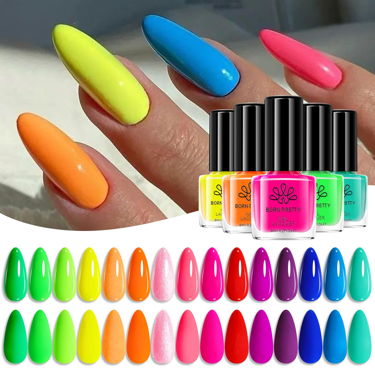 Born Pretty Neon: set de 15 esmaltes para uñas brillantes y a la moda.