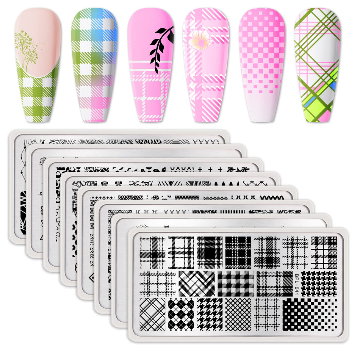 Born Pretty plaid leaves nail plate for chic, versatile nail art.