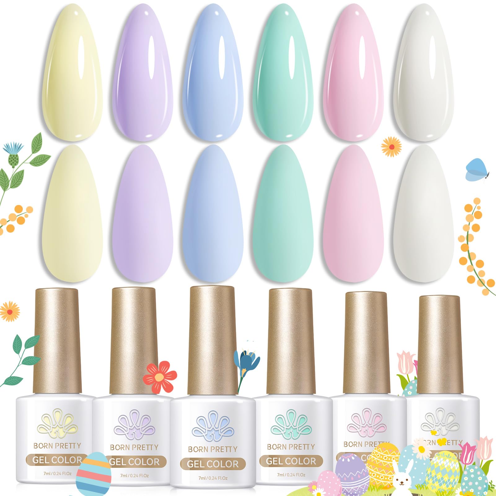 Born Pretty set pastel de gel para uñas, 6 botellas, listo para looks primaverales.