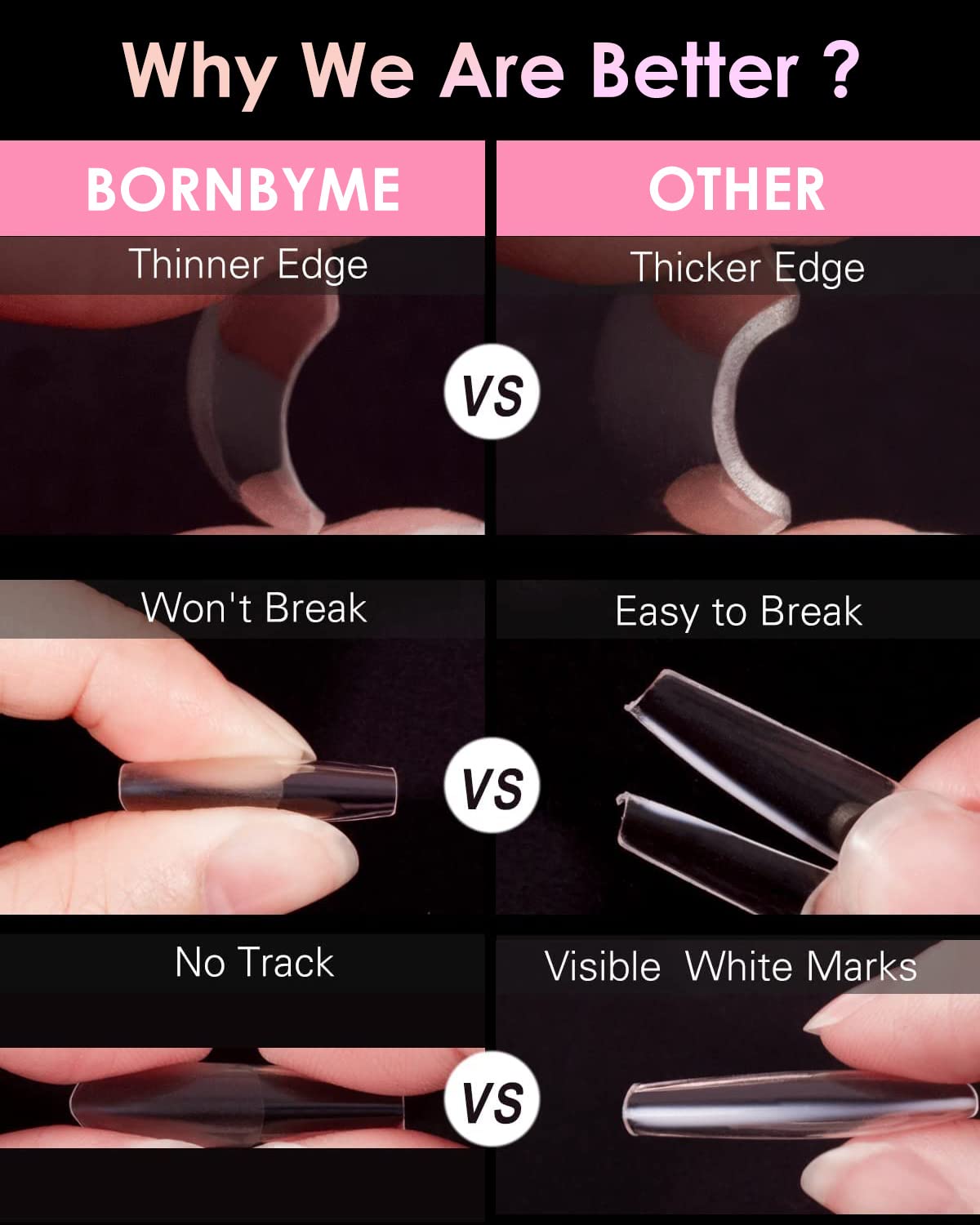 BornByMe no-crease bendable soft gel tips for smooth color lay-down.