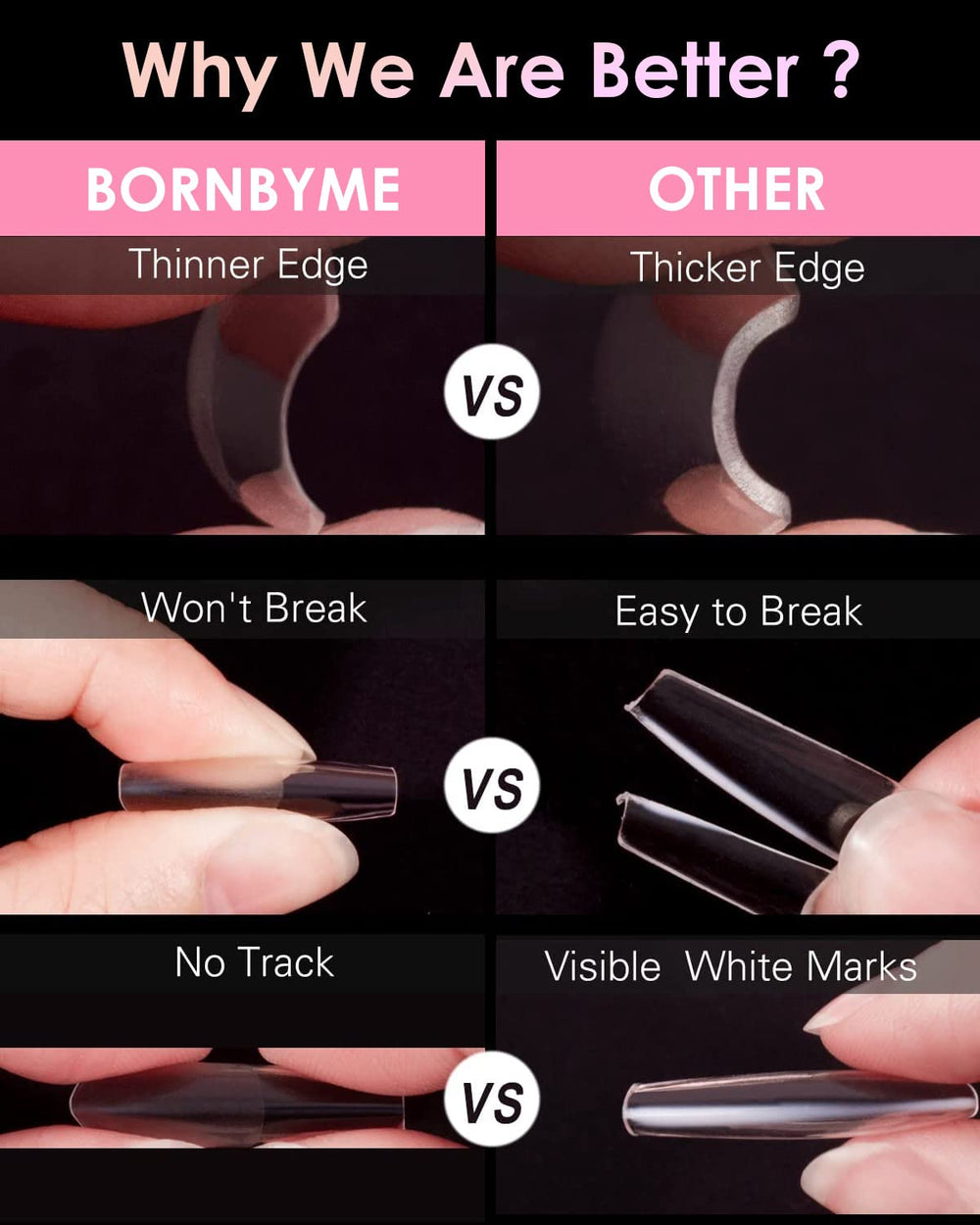 BornByMe no-crease bendable soft gel tips for smooth color lay-down.